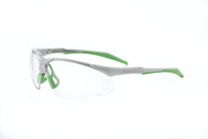 a pair of white and green safety glasses