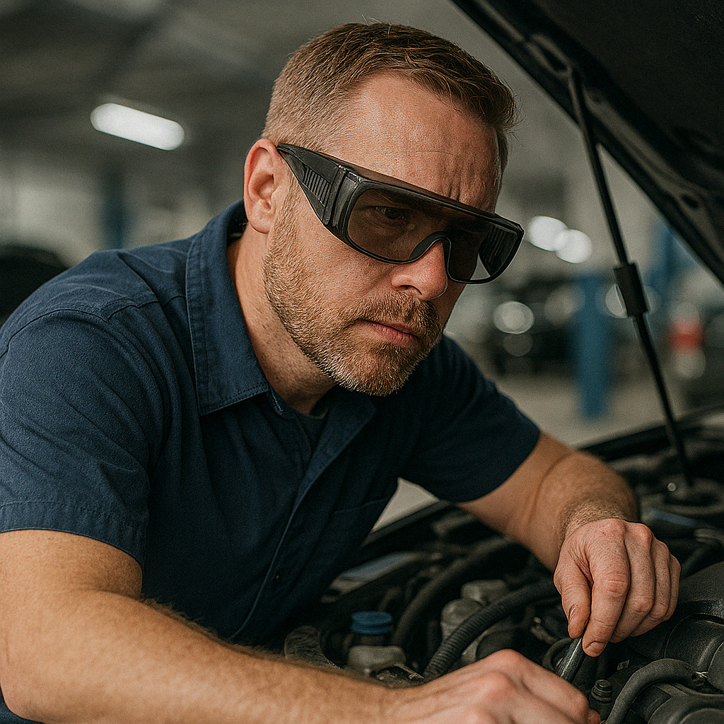 a man who wears a safety glasses from Spextra Safety #EPP0553 is repairing a car
